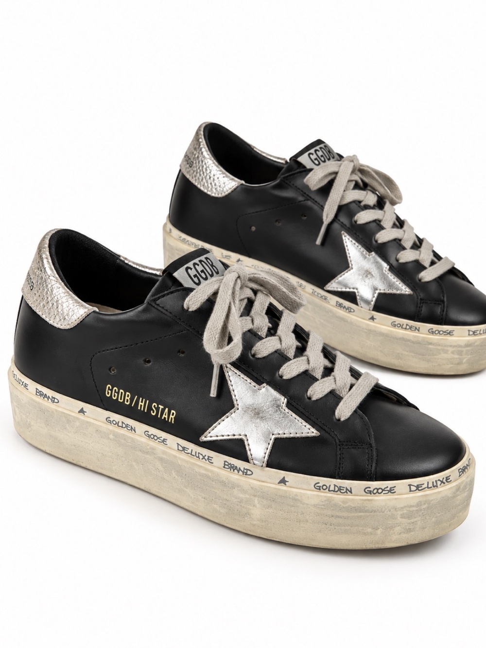 Golden Goose Hi Star Black Leather Silver Star Platform Sneakers Size 37